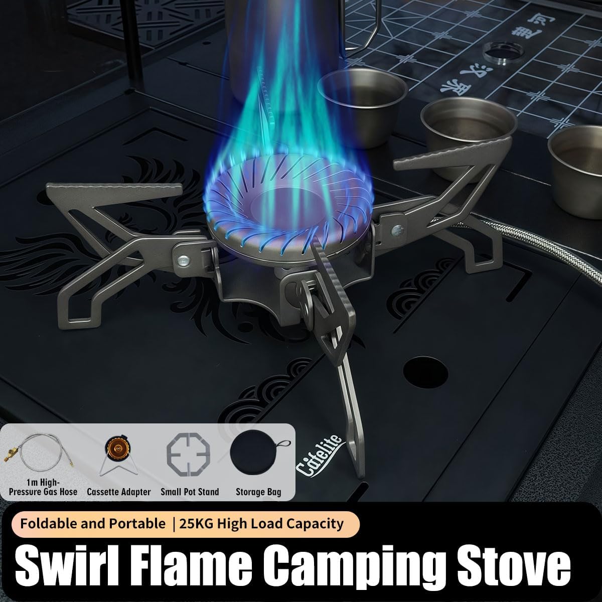 2026 Camping Stove Portable Propane Burner, 14330 BTU Split Backpacking Stove with Swirl Flame & 1m Hose, Independent Ignition, 55LB Heavy Duty Pot Rack, Windproof for Outdoor Cooking