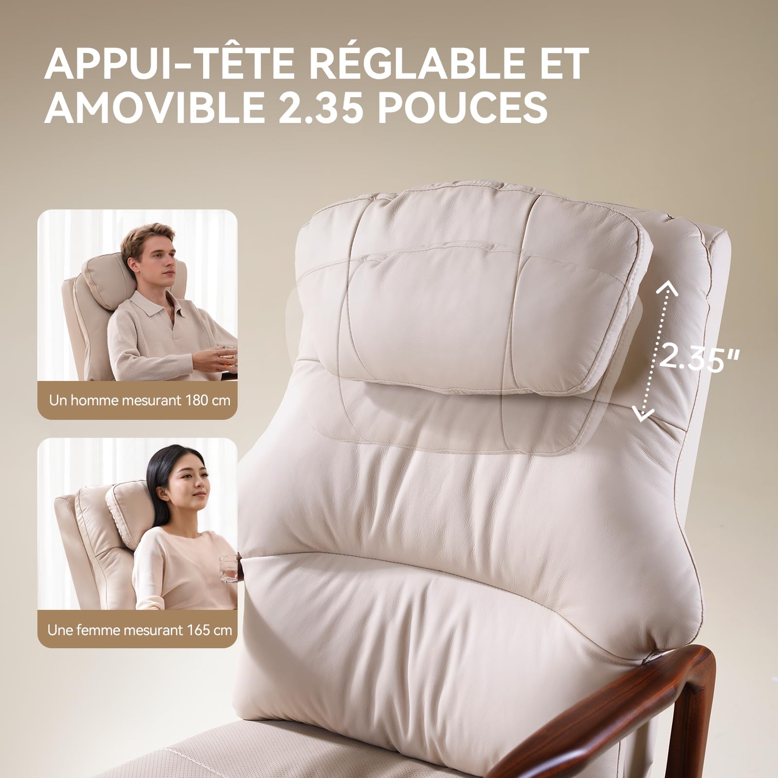EMIAH Fauteuil Relax avec Accoudoirs en Bois, Soutien Lombaire et Fonction d'extension, Fauteuil Inclinable Électrique avec d'inclinaison et Repose-Pieds, Fauteuil TV avec Appui-tête, Cuir Véritable