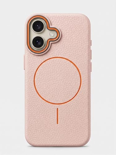amazon basics Luxury MagSafe Compatible Leather Texture Back Cover for iPhone 16 | Raised Camera Protection | Slim Fit Shockproof Case with Metallic Accents (Pink)