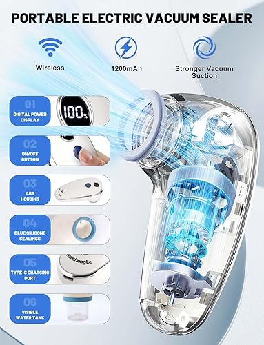 Miniatura 3 de WanshengLe Sellador al vacío, sellador al vacío de mano para alimentos, máquina selladora al vacío compacta con 30 bolsas reutilizables al vacío