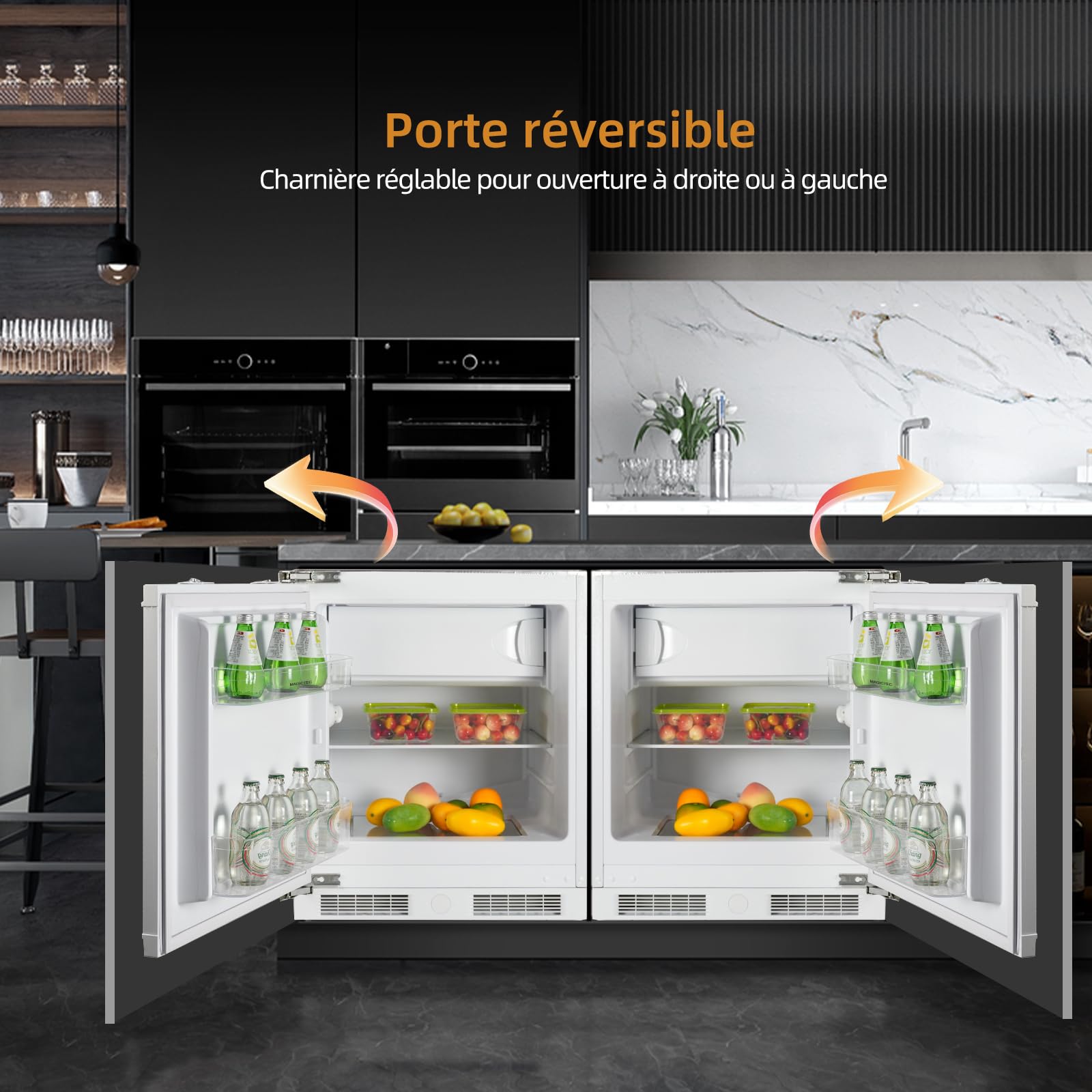 Frigo congelateur encastrable 82 cm sous plan de travail réfrigérateur | Refrigerateur congélateur | 96 L (84 L/12 L), 59 cm largeur | avec charnières de porte réversibles | Réglage température