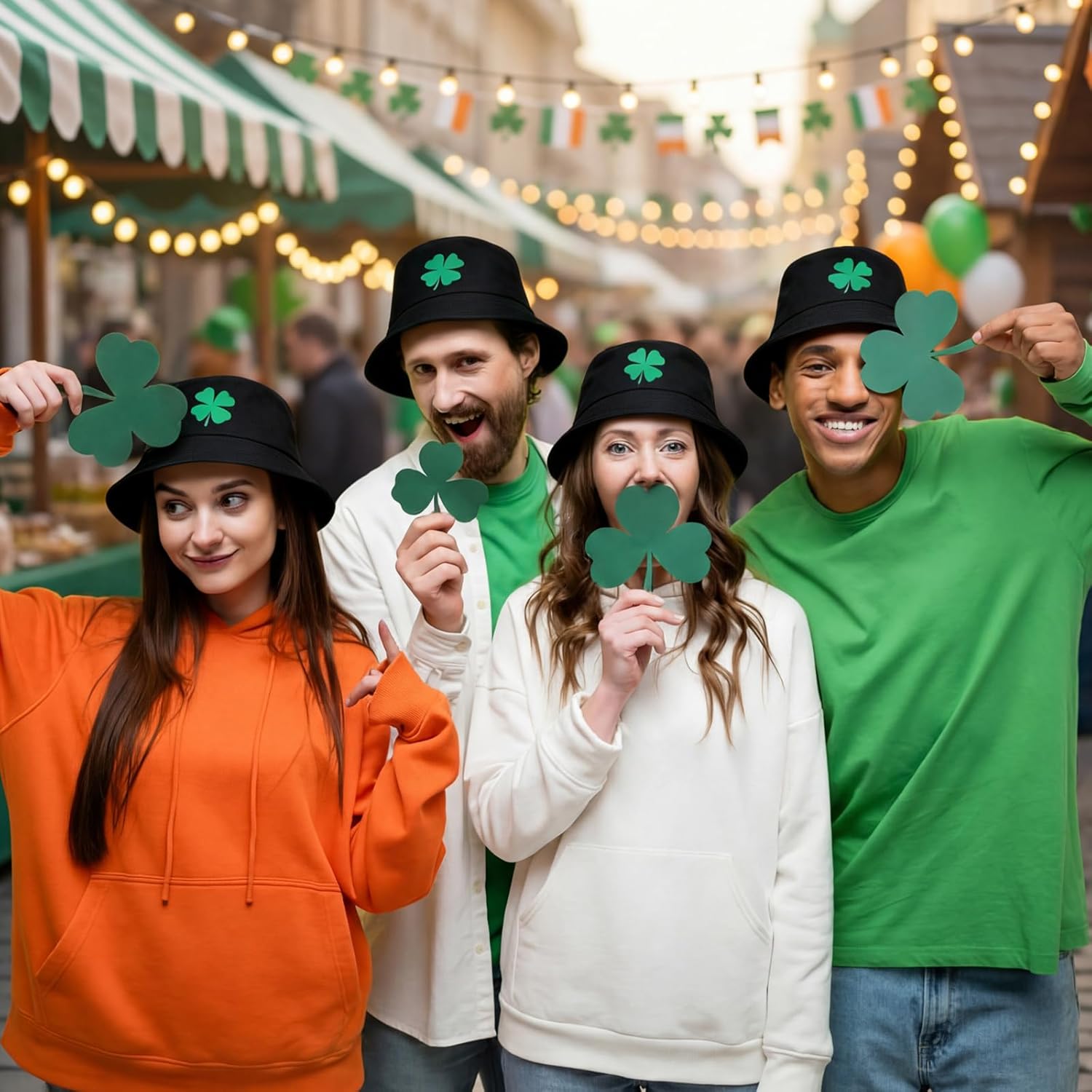 16 Pcs St Patrick's Day Bucket Hats Bulk for Women Men Green Lucky Clover Fisherman Hats