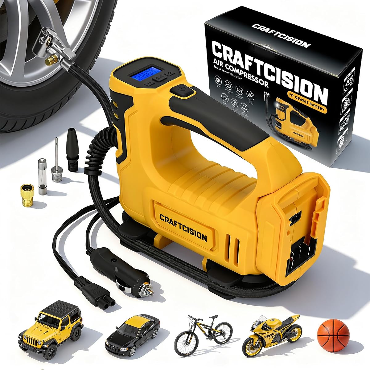 Inflador de neumáticos Compresor de aire portátil compatible con bomba de aire eléctrica con batería Dewalt de 20 V con manómetro digital, válvula de deflación incorporada para autos, bicicletas, pelotas (batería no incluida)