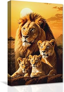 CXHOSTENT Lion Family Canvas Wall Art Wild Lion Lioness and Two Cub Picture Prints African Wildlife Animal Paintings for Office Bedroom Decor (Lion-1, 12.00"x18.00")