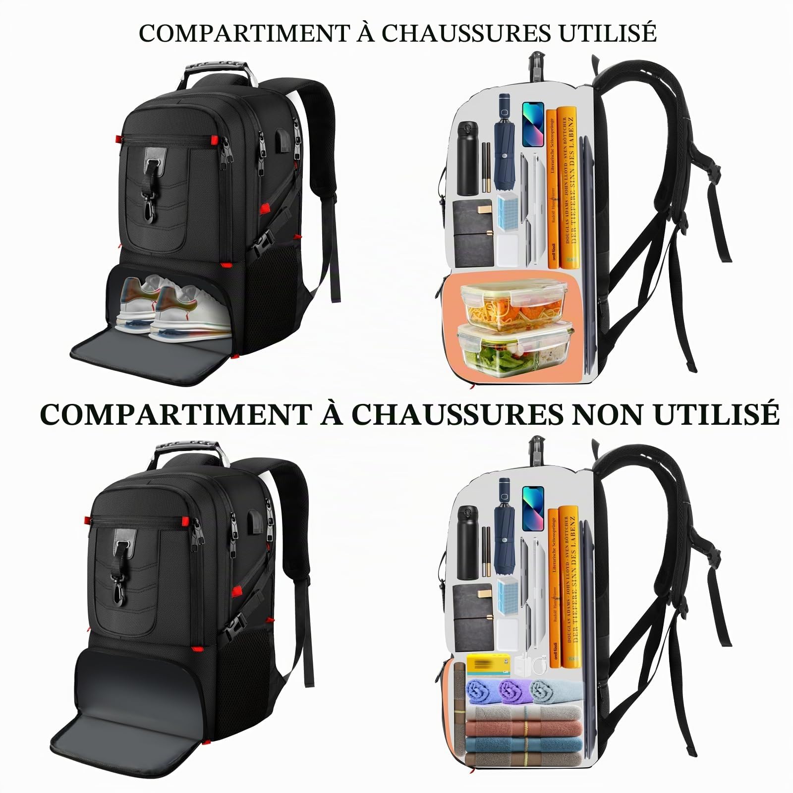 YAMTION Sac à Dos Ordinateur Portable 18.4 Pouces Compartiment à Chaussures Hommes Femmes Travail Sport Noir