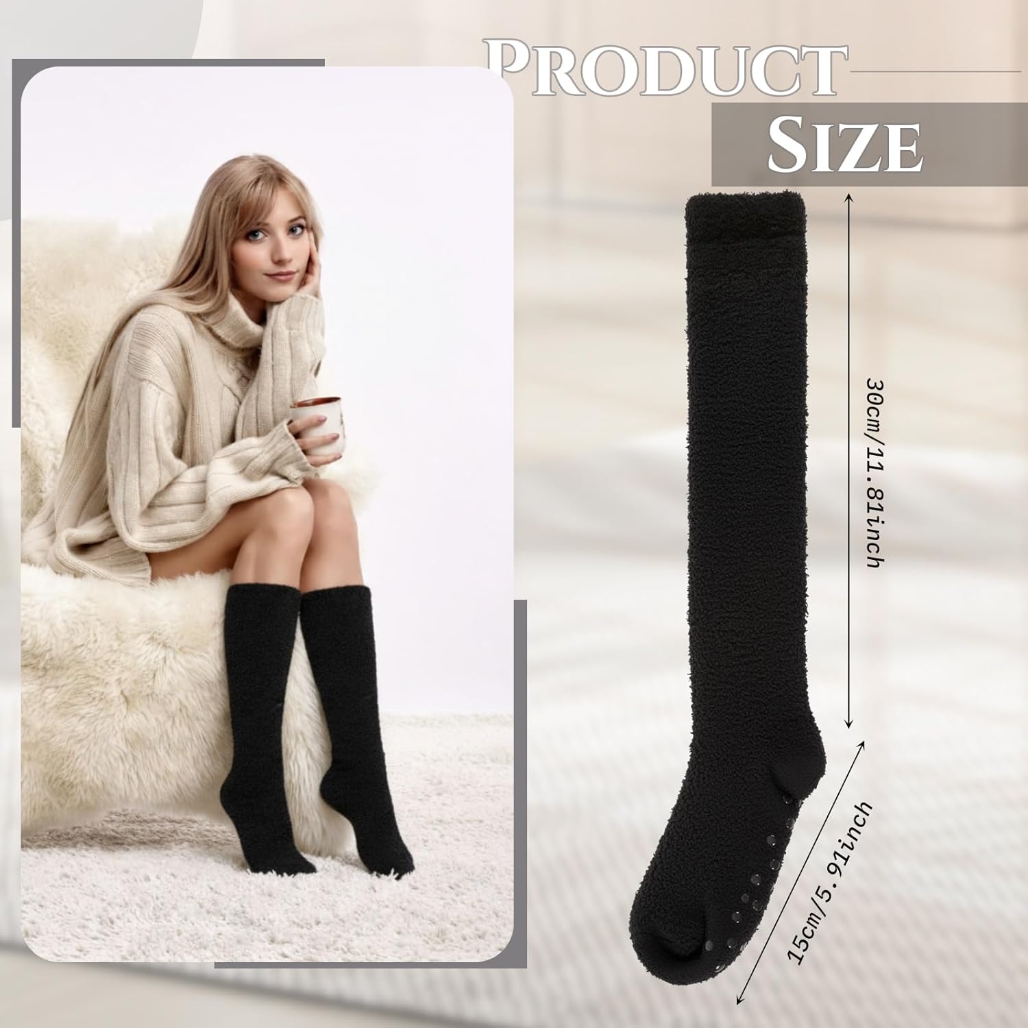 Janmercy 2 Pairs Non Slip Crew Socks Hospital Socks with Grips Cozy Fuzzy Slipper Knee High Stocking for Women, Men - Image 2