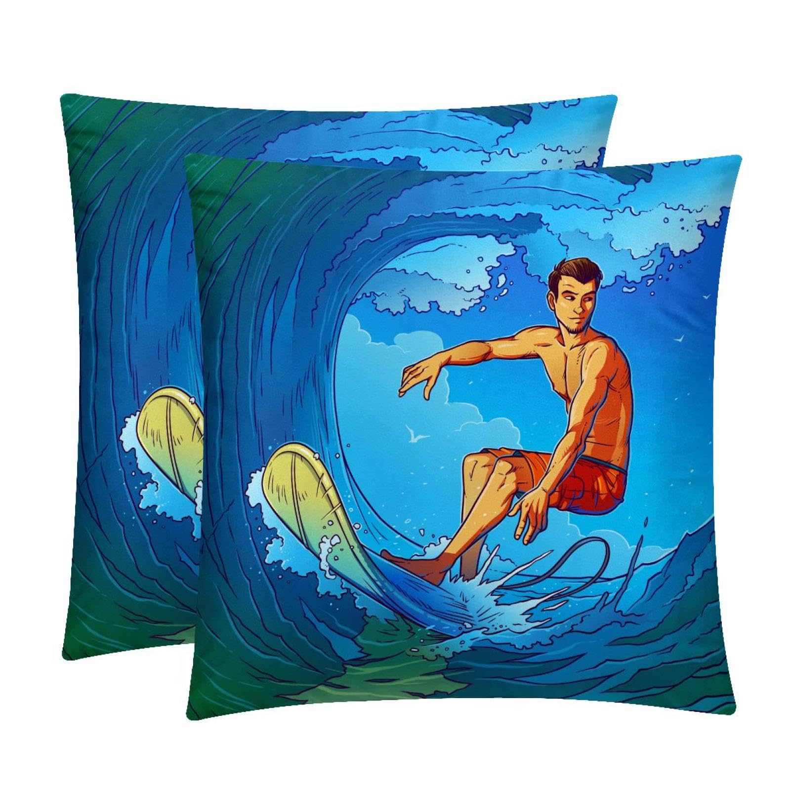TDGKPZ Surf Throw Pillow Cases 2 Pack Pillowcases Zipper Cushion Covers For Bedroom Living Room 45x45cm