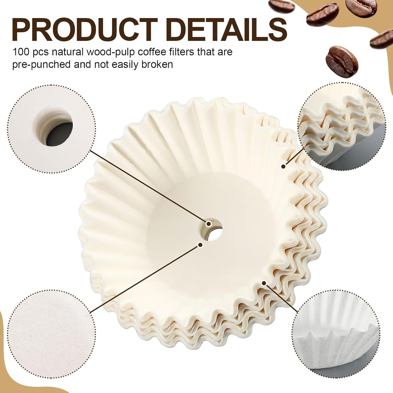 Feifeiya 100 Pcs Pre-punched Holes Coffee Filters for 30cup 45cup 100 Cup Coffee Urn Brewing Basket & Hot Beverage Dispenser Disposable Natural Wood Pulp Paper Filters with Tall-sided Design(White)