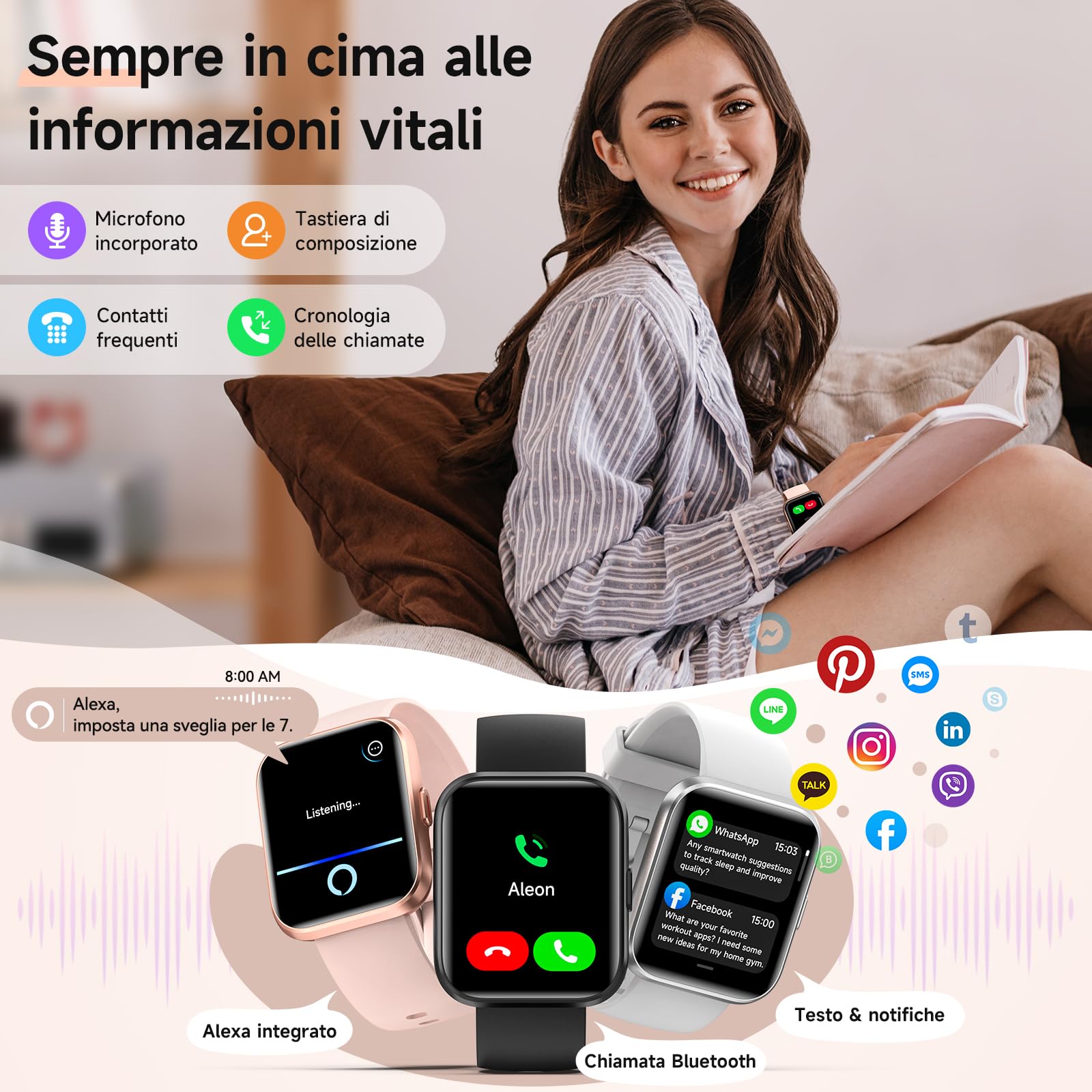 Gydom Smartwatch Donna Uomo, Orologio Smartwatch Donna con Alexa, Effettua/Risposta Chiamate, 1,8" Smart Watch con 100 Sportive, Cardiofrequenzimetro Sonno SpO2, IP68 Fitness Tracker per Android iOS
