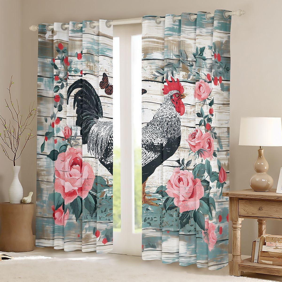 Castle Fairy Grey Chicken Window Curtains Rose Floral Retro Plank Window Drapes,Animals Window Treatments,Watercolor Kids Boys Girls Room Decor, Grommet Top 2 Panel Set Bedroom Curtains, 38Wx54L inch