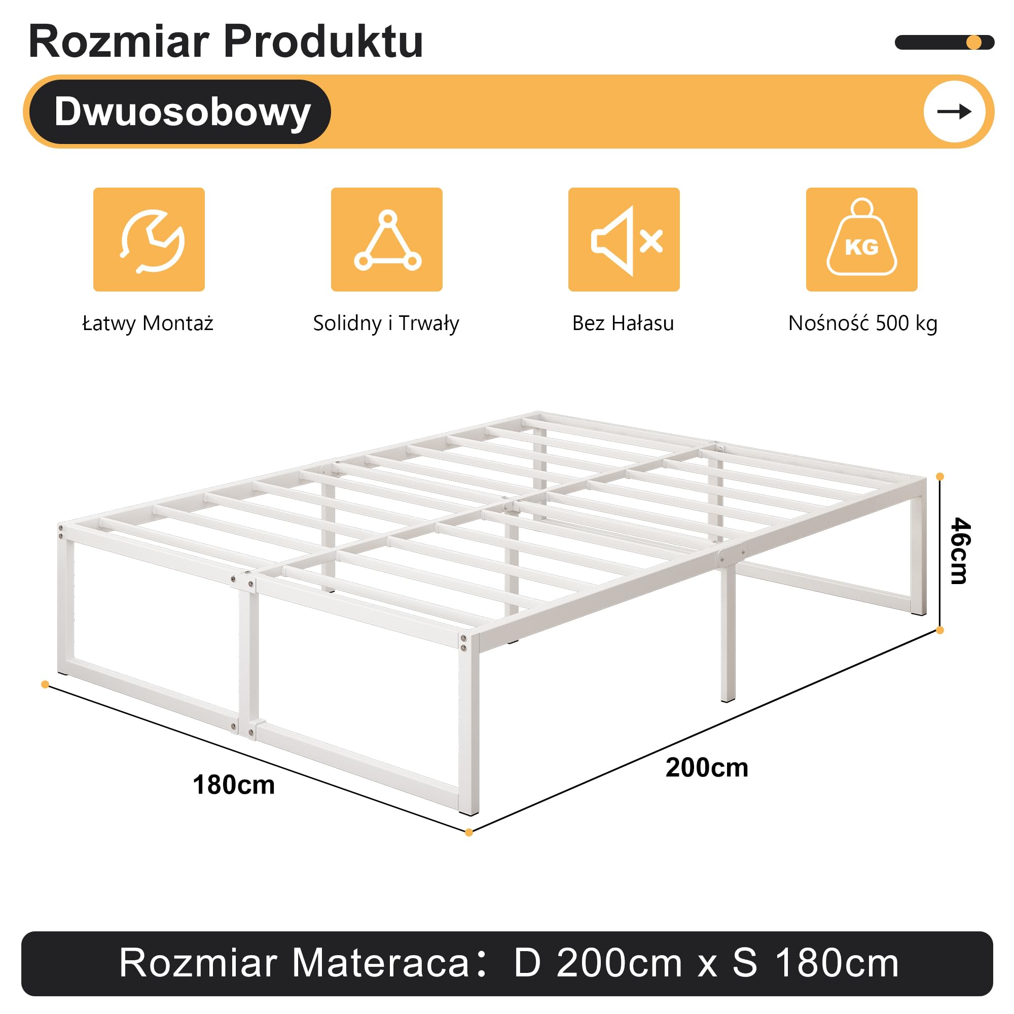 Yicensen Metalowe łóżko 180 x 200 cm – 46 cm wysokości, duża przestrzeń do przechowywania pod łóżkiem, podwójna rama łóżka z metalu ze stalową podpórką, łatwy montaż, bezgłośne, bez łóżka
