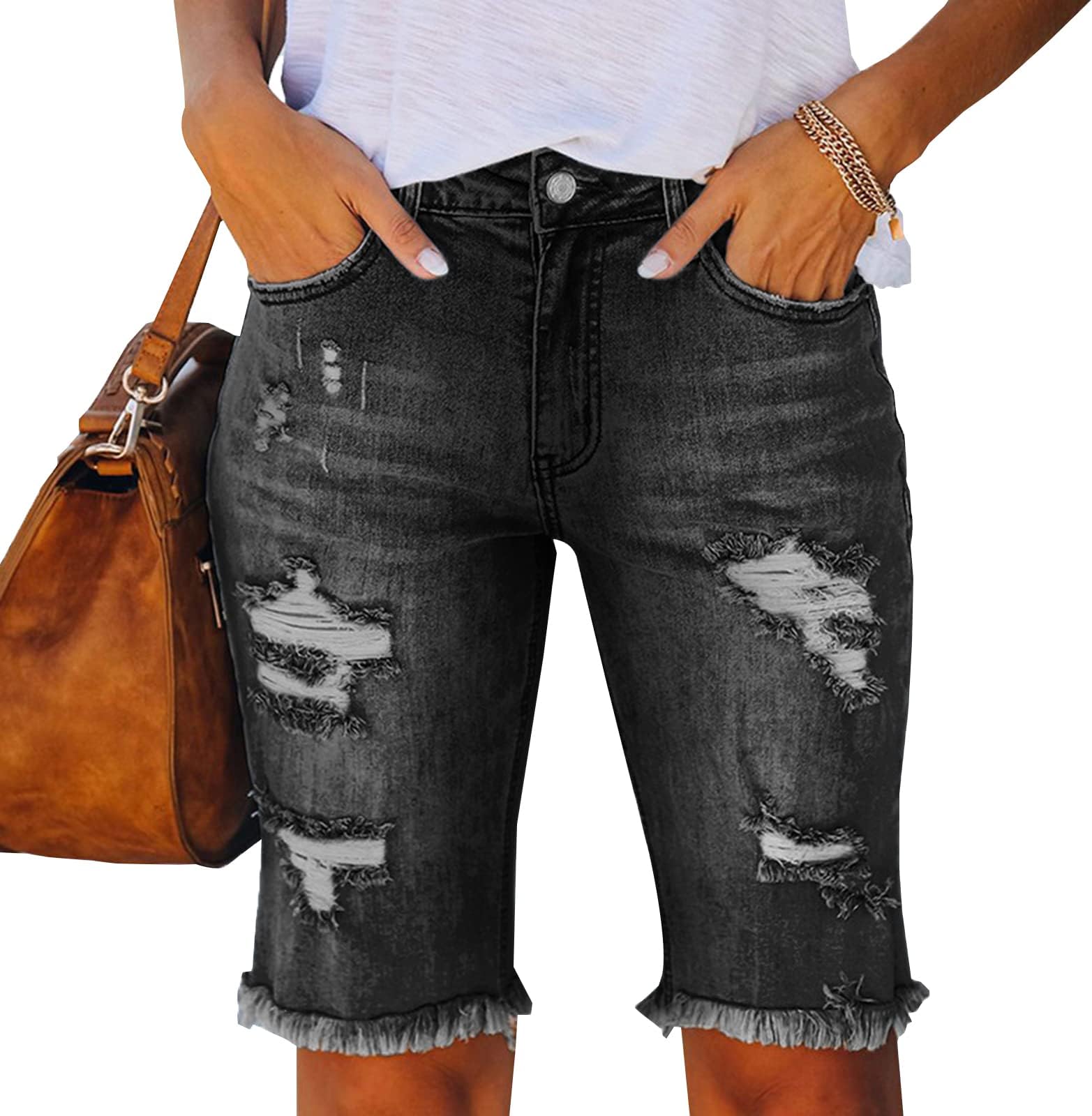 Womens Jean Shorts High Waisted Denim Bermuda Shorts Ripped Distressed Knee Length Stretch Denim Jean Short