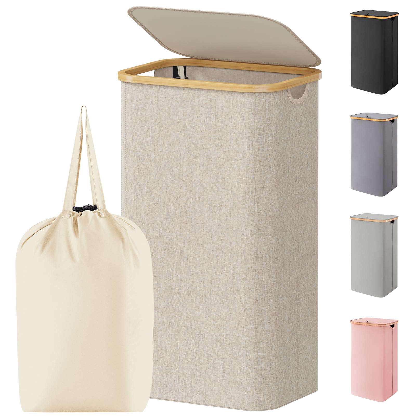 Lifewit 100L Wäschekorb mit Deckel, Wäschekörbe für Wäsche mit Bambus Griffe und Eine Abnehmbare Wäschesack, Große Faltbare Wäschekorb für Schlafzimmer, Bad, Schlafsaal, Waschküche, Beige