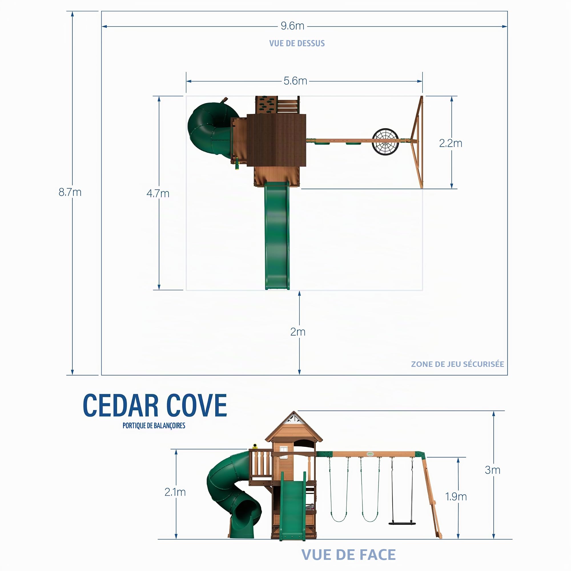 Backyard Discovery Cedar Cove | Maisonnette en Bois avec Balancoires, Toboggan Double Mur d'escalade et Banc | Balancoire Exterieur avec Toboggan, Portique Balancoire Exterieur | Vert, Marron