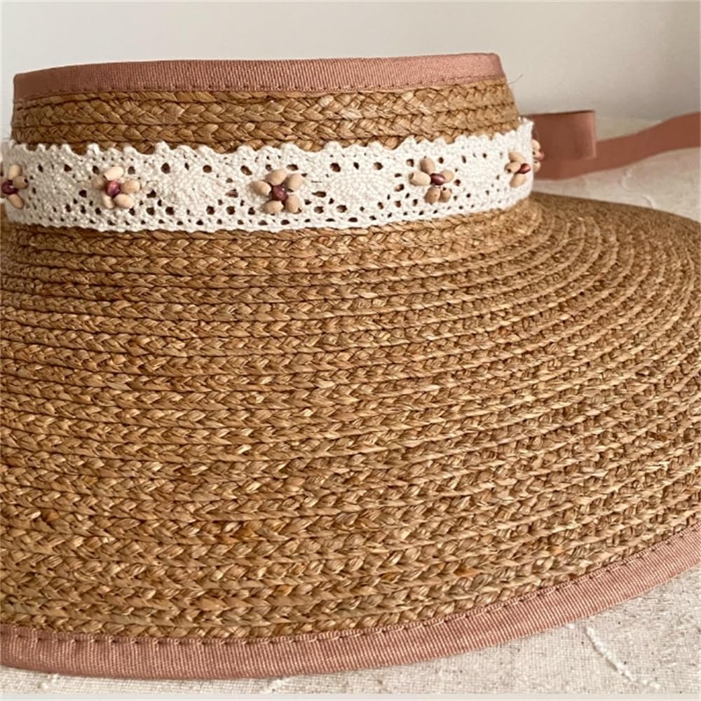 Visera de Paja para Mujer Elegante Sombrero De Copa Hueca For Salidas Festivas, Versátil For El Sol, Paja Rafia para Sombreado al Aire Libre