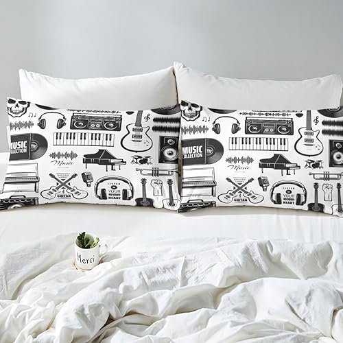 Miniatura 5 de Erosebridal Juego de sábanas tamaño matrimonial de instrumentos musicales, sábanas de piano clásico, juego de cama blanco y negro, juego de sábanas