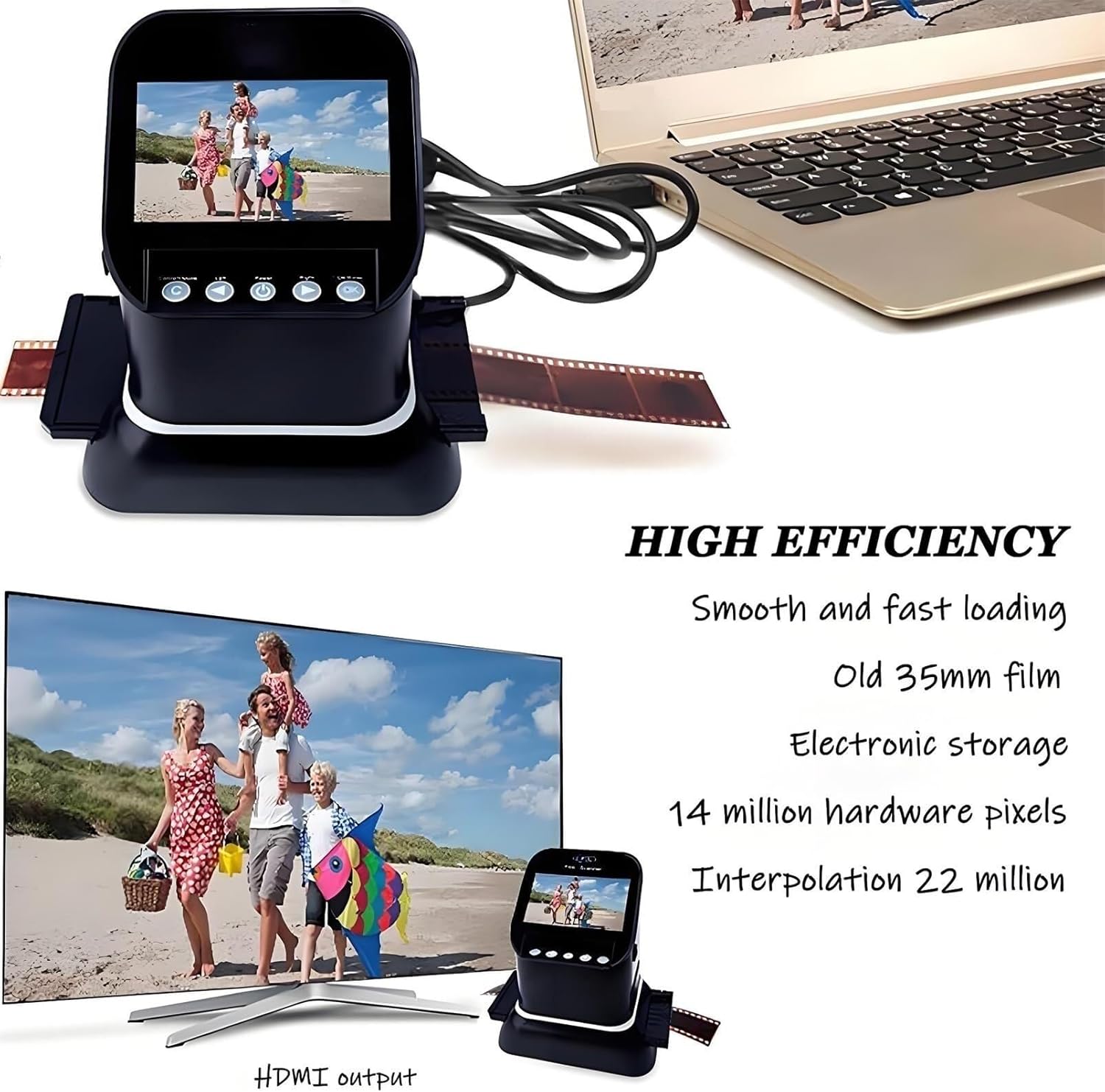 Digital Film Scanner Convert 35mm 135 127 126 Negatives Slides to JPEG 22MP High Res Converter with 4.3" LCD