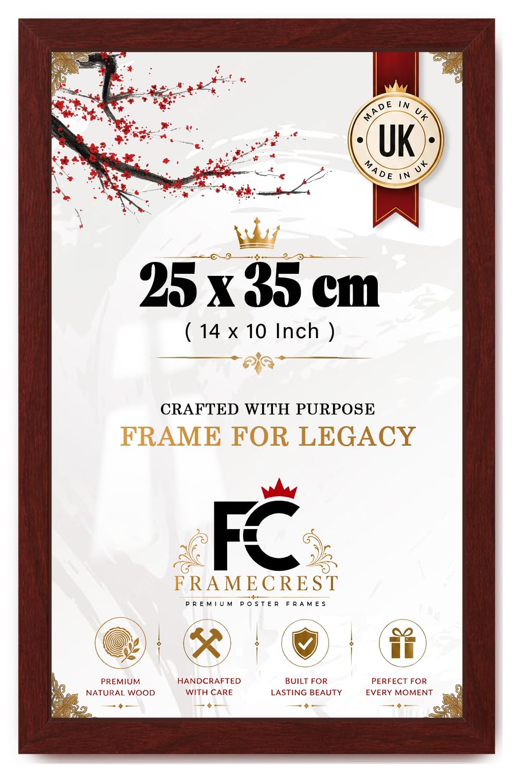 FRAMECREST LTD Modern Poster Frame (25 X 35 CM) — Perspex Front For 14 X 10 Inch Prints, Rectangular Art Display And Photo Mount For Gallery Wall, Sleek Minimalist Look - [Mahogany]