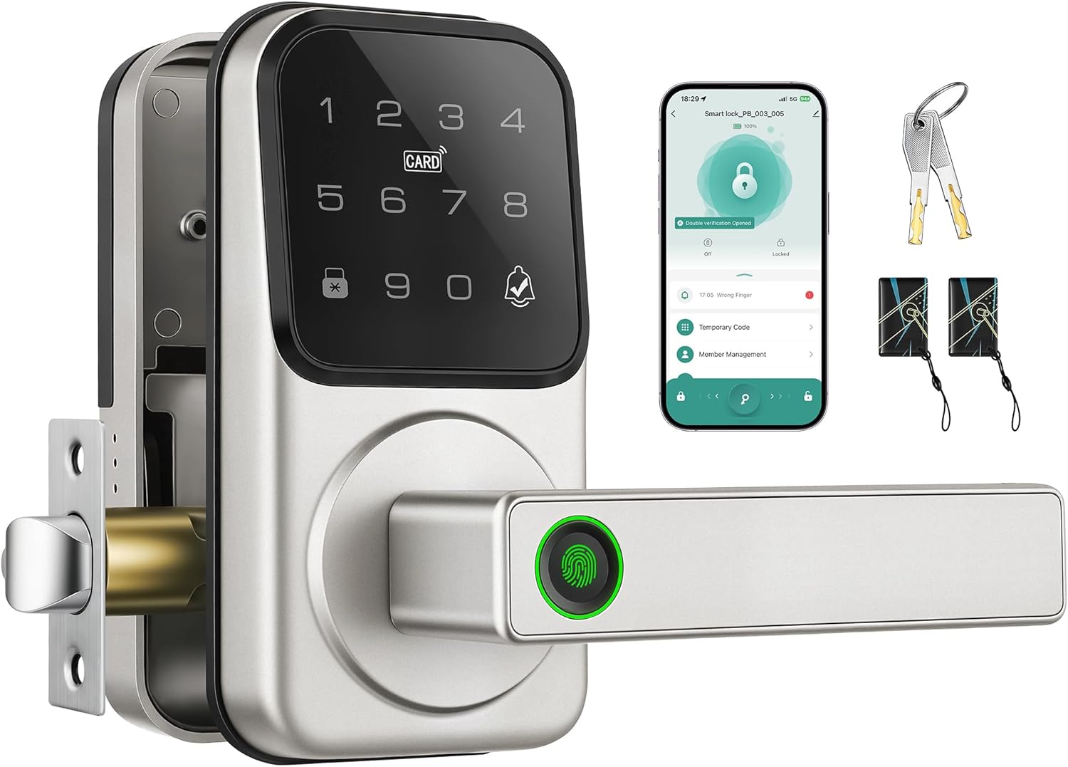 Smart Door Lock with Handle, Heittis Fingerprint Smart Lock with Touchscreen Keypad – Keyless Biometric Deadbolt Door Knob for Front Door, Bedroom, Interior or Exterior Use (Nickel, App Control)