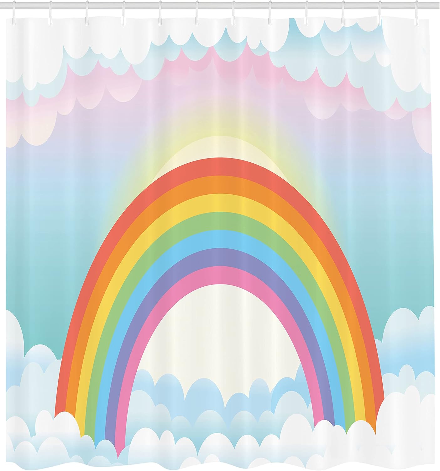 Lunarable Rainbow Shower Curtain, Dreamy Creative Style Graphic with Tender Sun Soft Sky and Clouds Vivid Bars, Cloth Fabric Bathroom Decor Set with Hooks, 69" W x 75" L, Multicolor
