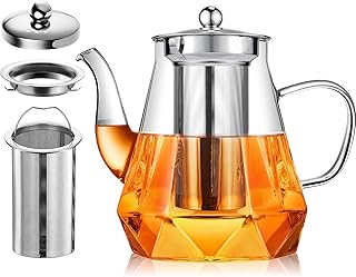Teekanne mit Siebeinsatz, STNTUS 1.2L Glas Teekanne mit Sieb, Glaskanne mit Teesieb für Losen Tee, Teeblumen, Glasteekanne Hitzebeständige, Tee Kanne Tropffrei, Teebereiter, Teekannen