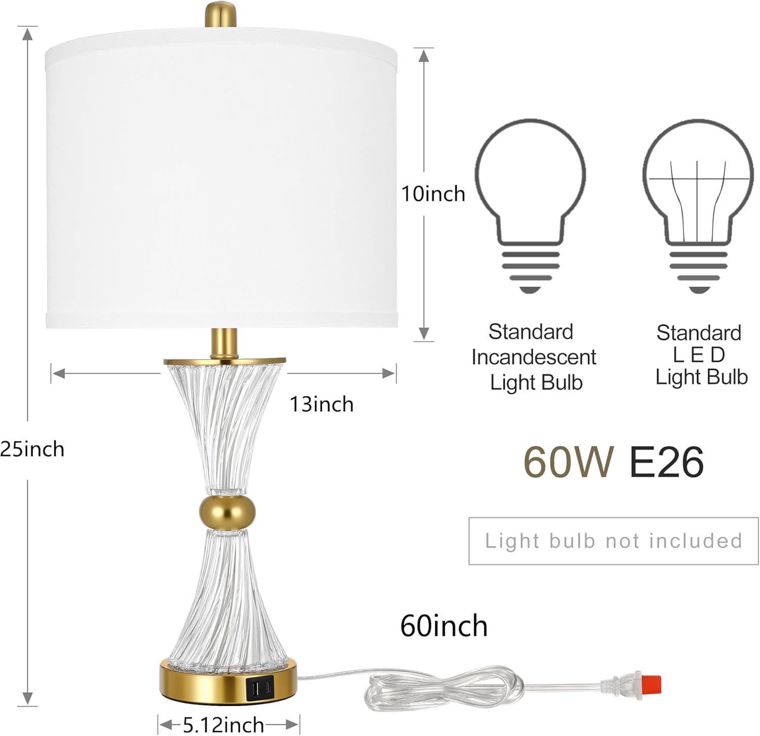 25" Crystal Glass Table Lamps Set of 2, with USB C+A Ports, Gold Bedside Lamp, White Drum Shade, for Bedroom Living Room Home Nightstand Table Lamp