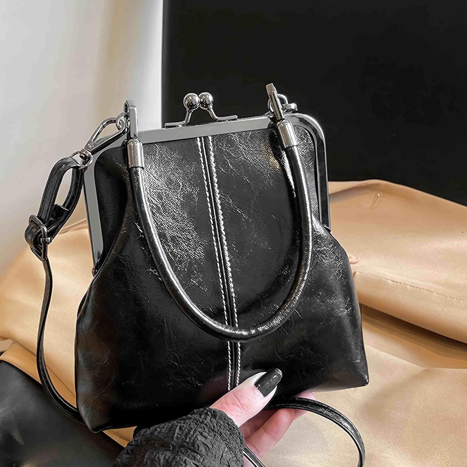 black crossbody bags for women, small kiss lock purses and handbags, purse with pockets and compartments - Image 8