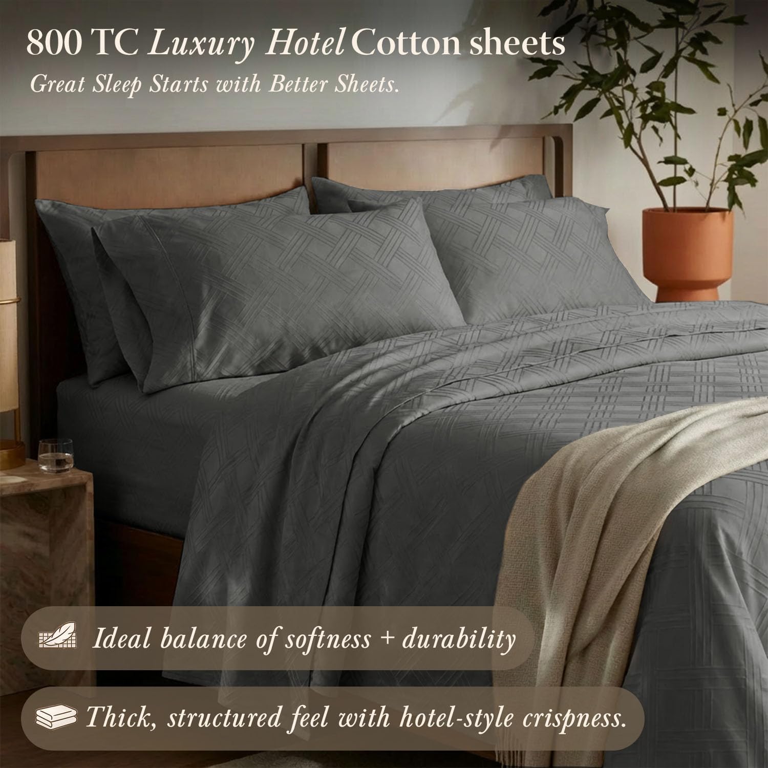 Threadmill Luxury 100% Cotton King Sheets - 800 Thread Count Jacquard Celine Dark Grey, Better Than Egyptian Cotton,4 Pc Striped Bed Set, Damask Sheets, Fits 16'' Deep Pocket - Image 2