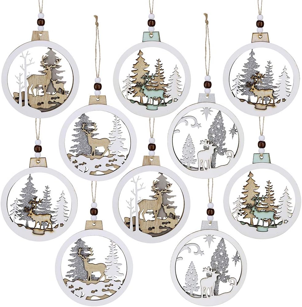 10 Pcs Christmas Hanging Wooden Ornament Hollow Fretwork Laser Cutting Wood Carving Ornaments Wood Slice Gift Tags Pendant Circle Bauble Glitter Reindeer Oranments Xmas Tree Holiday Season Festival