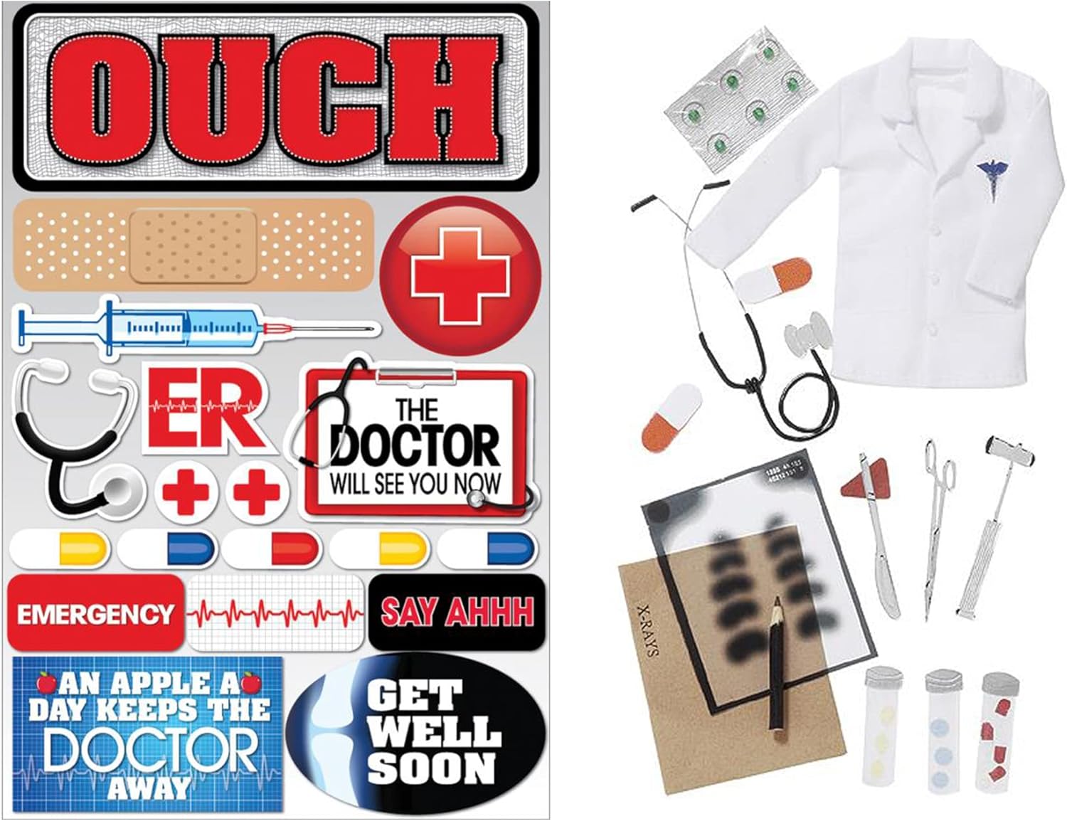 Medical Stickers for Scrapbooking - 3D Dimensional Doctor Scrapbook Stickers | Xray, Stethoscope, Medicine Theme | for Nurse Planner, Medical Journal, Photo Album | 2 Healthcare Stickers Packs Set