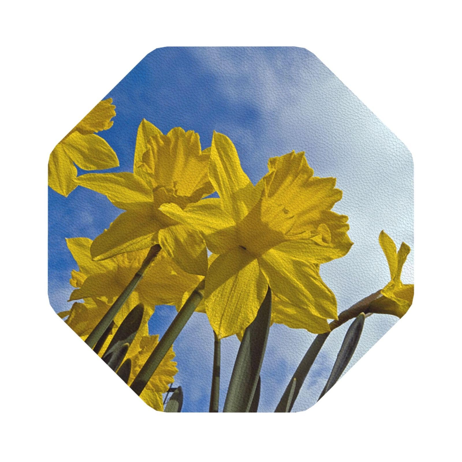 Yellow Daffodil PU Leather Coasters Set of 6 Octagon Drink Coasters