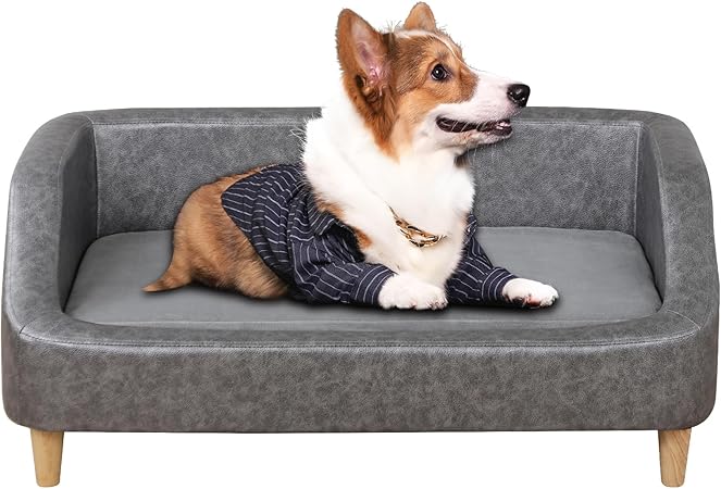 Review Medium Dog Couch/Dog Beds with Wearproof PU Fabric/Sturdy Dog Sofas and Chairs/Wooden Frame Pet Couch/Pet Sofa Bed with Solid Wooden Leg for 60LBS Dog Rest Using (Silver)