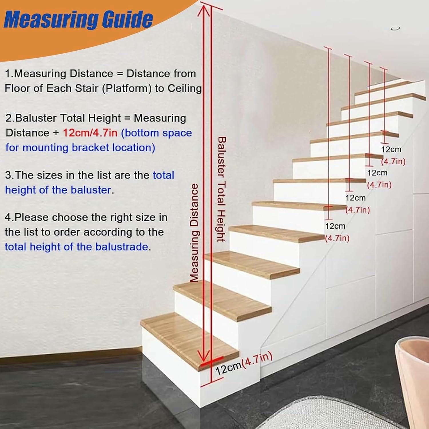 Commercial Modern Spindles for Staircase Indoor, Heavy Duty Metal Iron Stairway Guardrail Post, Side - Mount Home DIY Vertical Stair Balusters Guardrail Column