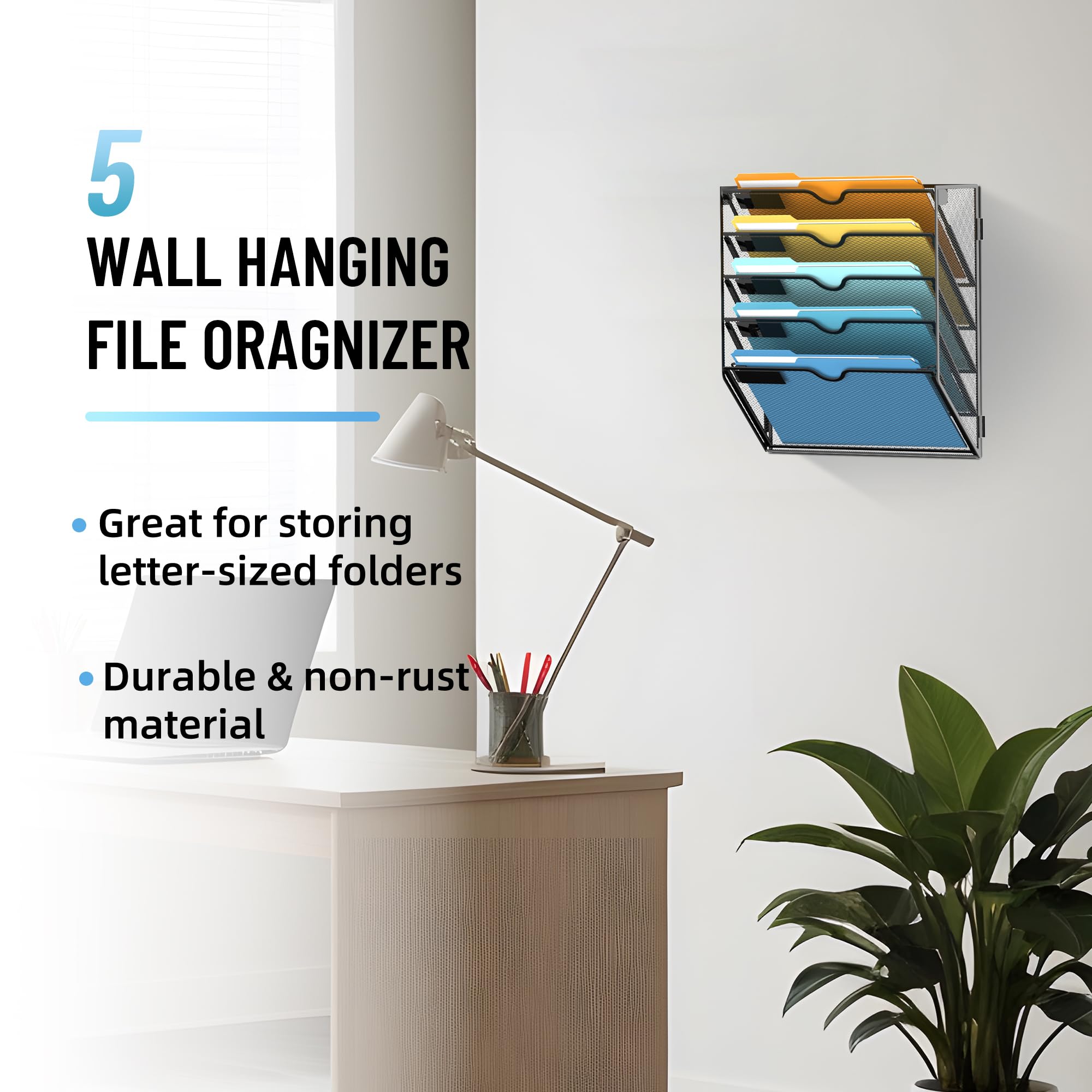 SUPEASY Organizer da parete a 5 ripiani con ganci, organizer per documenti da appendere, organizer per posta da parete, per documenti, cartelle, riviste da ufficio, nero, confezione da 2
