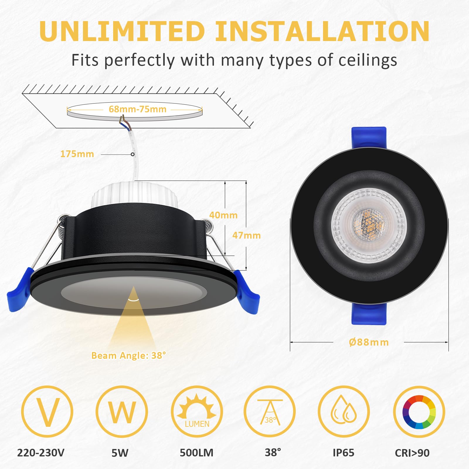KYOTECH LED Einbaustrahler 230V IP65, 5W 500LM Deckenspots 68-75mm, Austauschbare Lichtquelle Ultra Flach 4000K Neutralweiß Spots Einbauleuchten für Badezimmer Küche Wohnzimmer, Schwarz Weiß 6er Set