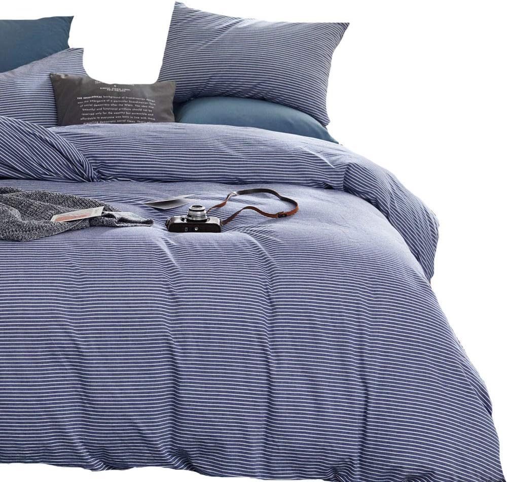 ATsense Duvet Cover Queen, 100% Washed Cotton, 3-Piece Bedding Comforter Cover Set, Ultra Soft and Easy Care, Simple Style Farmhouse Bedding Set (Blue Striped J801-5)