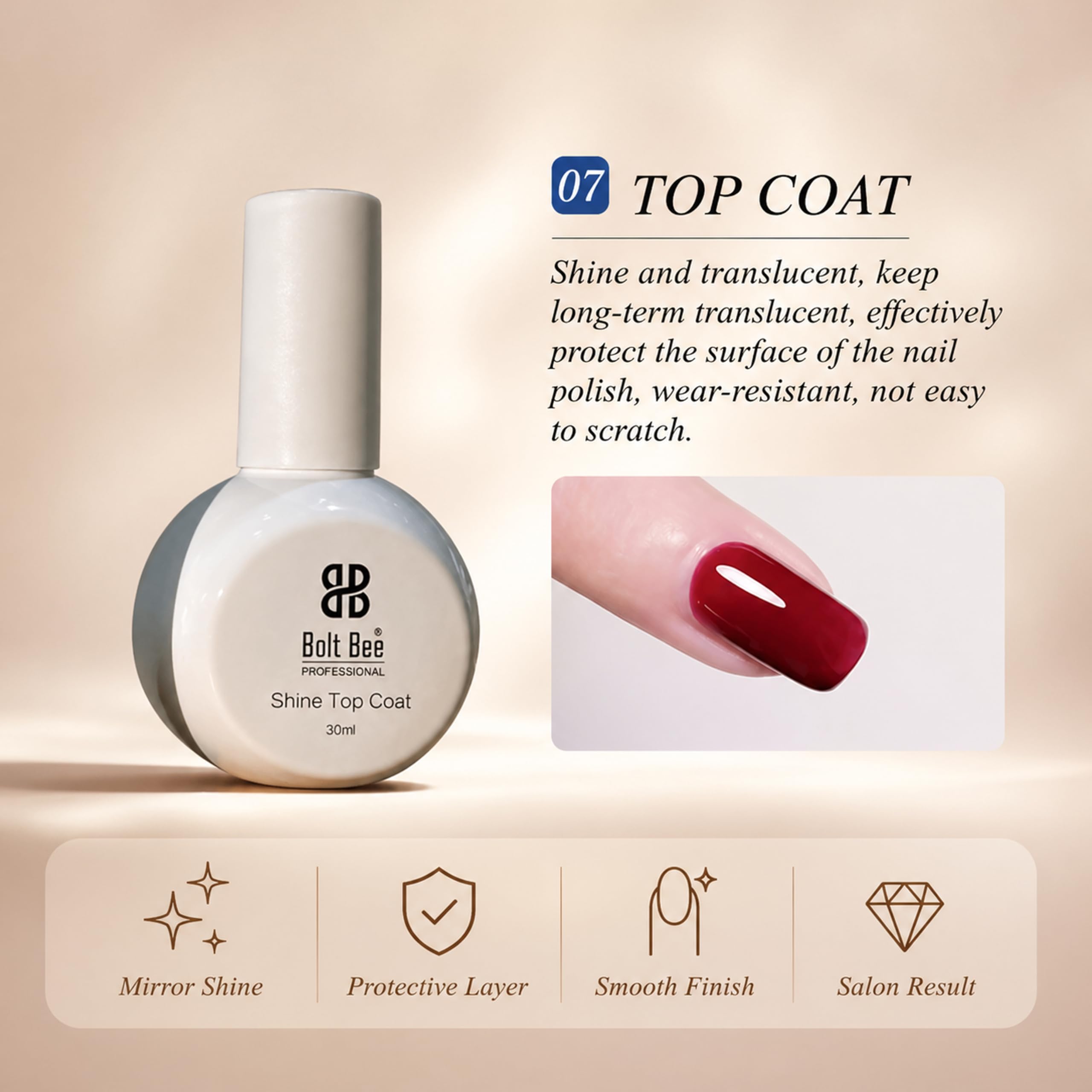 Bolt Bee Gel Polish Shine Top Coat | Clear Glossy No-Wipe Gel Nail Polish | High-Shine, Long-Lasting, Soak-Off UV/LED Top Coat for Manicure & Nail Art | Professional Salon Finish – 30ml 4