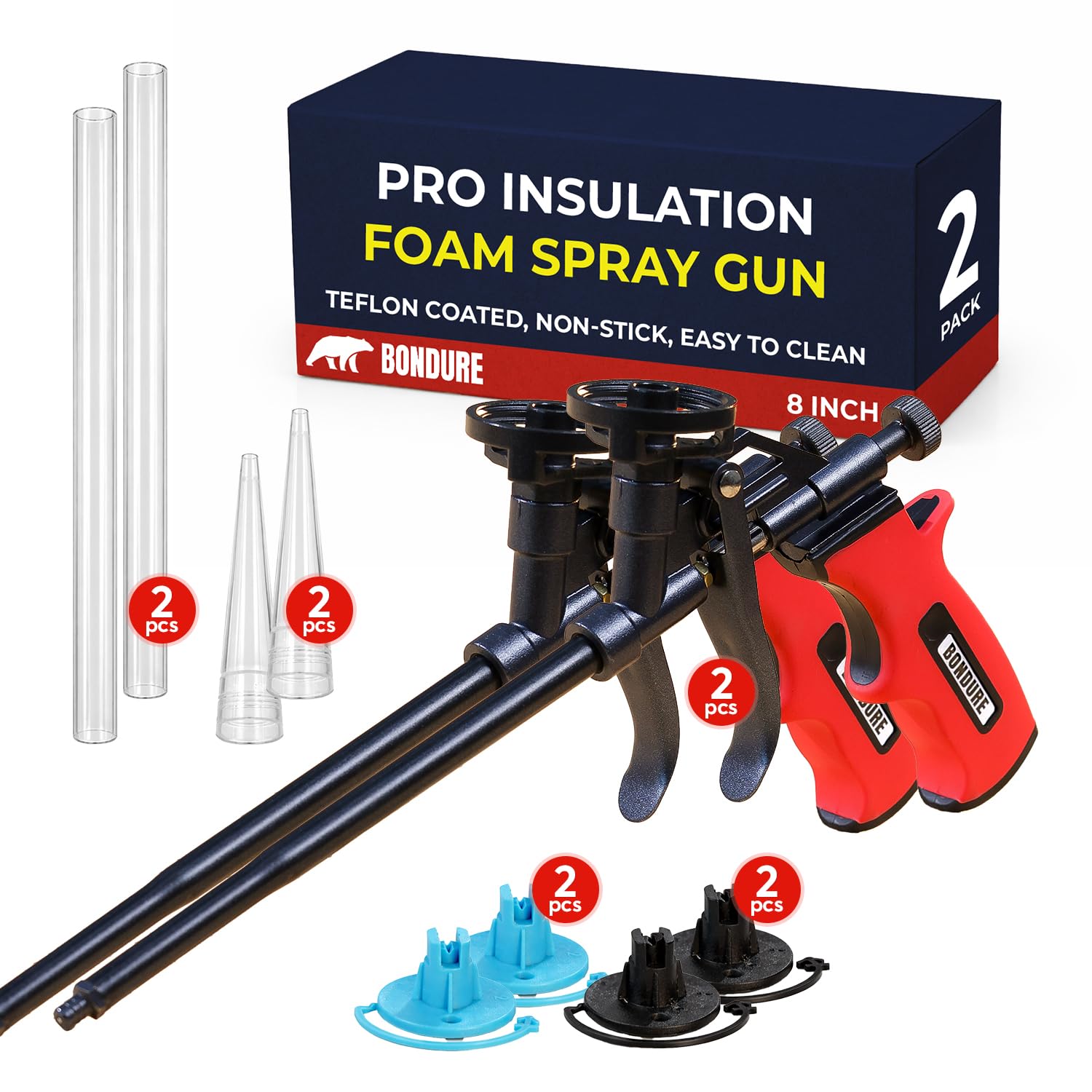 Pro Spray Foam Gun, (2x8 inch) PTFE (Teflon) Coated Non-Stick, Adjustable Flow Control Dial, Ergonomic Handle, Universal Screw Top Can Adapter, Long Reach Barrel, Includes Nozzle Set