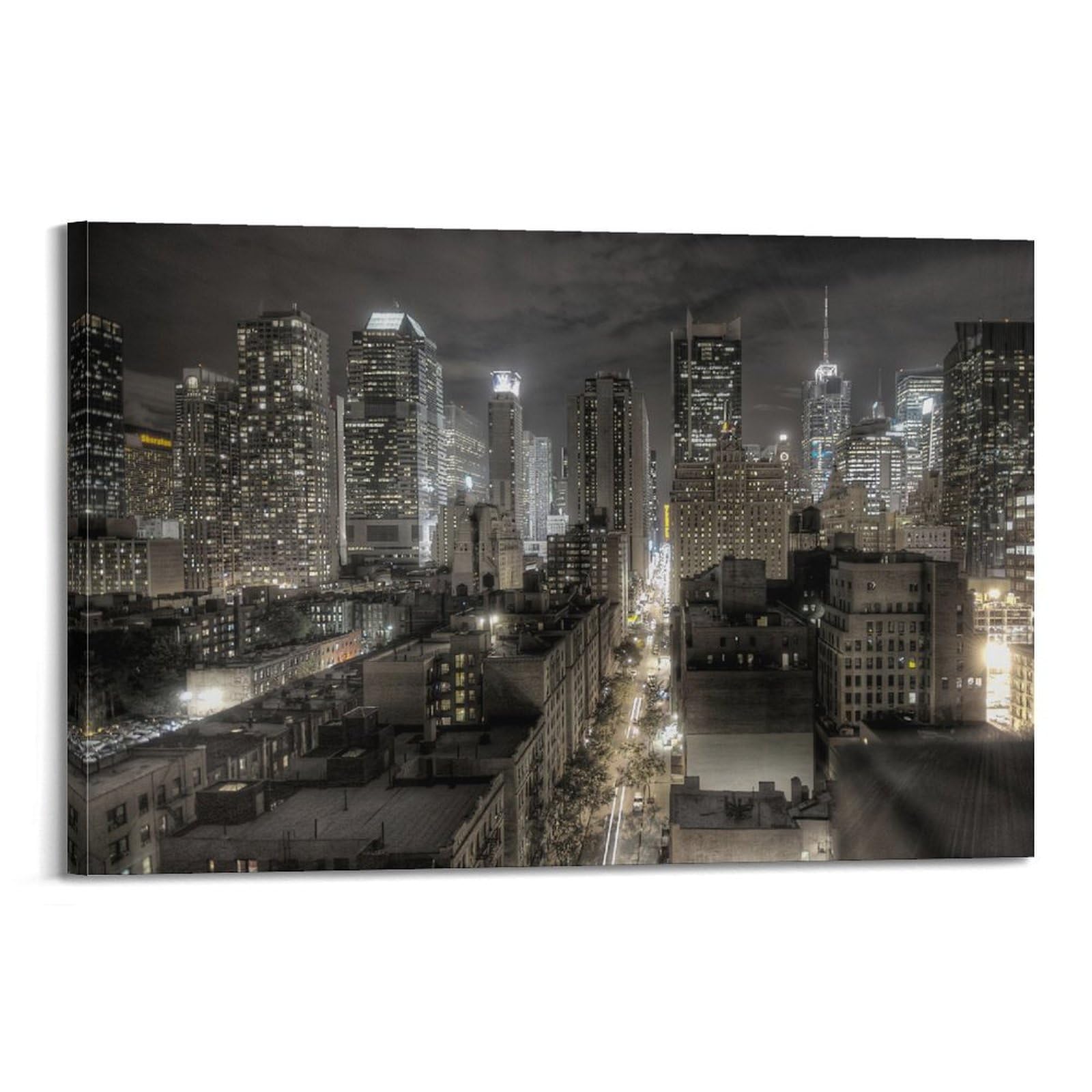 LNSIZH Immagine documentaria di edifici di New York City di notte, quadro decorativo da parete su tela poster e decorazione moderna per la camera da letto (50 x 75 cm)