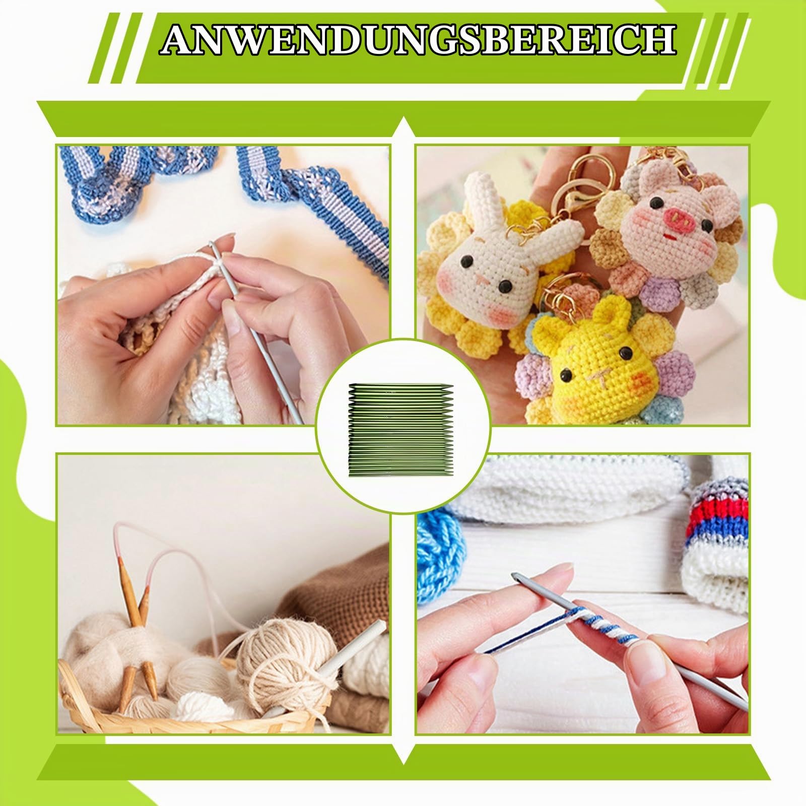 Rundstricknadeln Set, Austauschbare Stricknadeln mit Zubehör & Aufbewahrungstasche, Metall Auswechselbare Rundstricknadelspitzen mit Ergonomischen Griffen für DIY-Stricken (Grün 10 Paar)