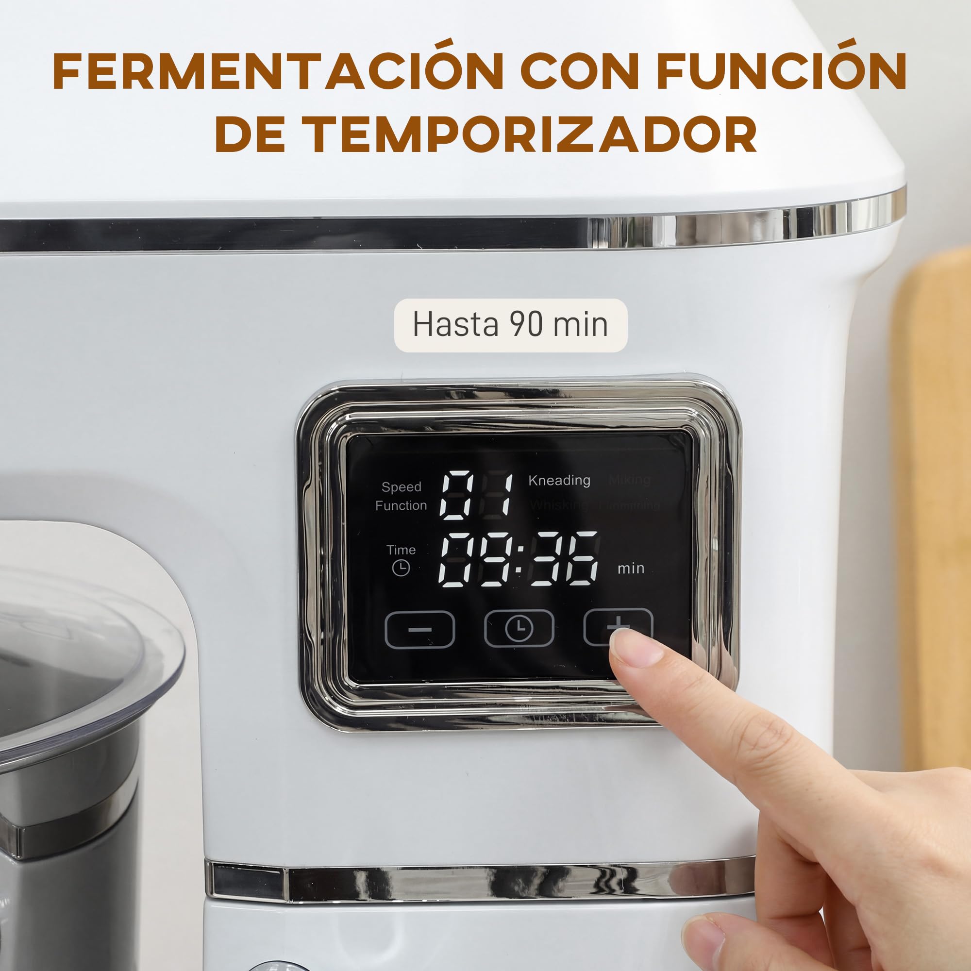 HOMCOM Batidora Amasadora 6L Amasadora de Pan 1400W 6 Velocidades Blanco | LED, Fermentación, Bol de Acero Inoxidable, Batidor, Gancho, Varilla, Protector contra Salpicaduras