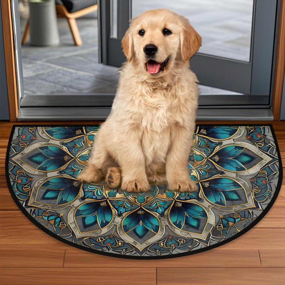 Half Round Door Mat Turquoise Mandala Flower Semi Circle Area Rug Washable Half Moon Bathroom Rugs Entryway Rug for Indoor Outdoor Kitchen Hearth Fireplace Floor Welcome Carpet Low Profile