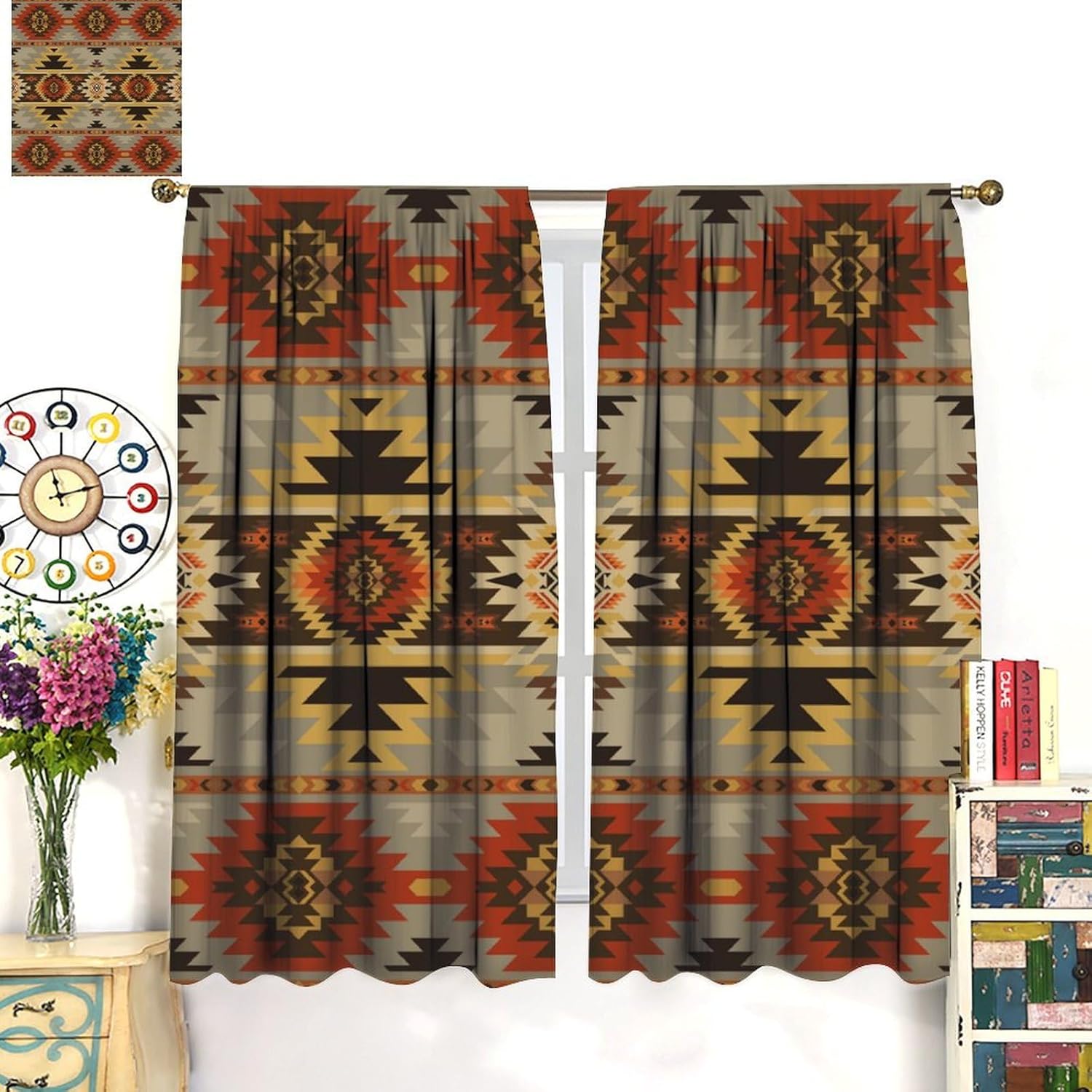 Aztec Navajo Curtains Vintage Bohemian Ethnic Geometric Abstract Patterns Art Aesthetic Window Drapes for Boys Girls Room Bedroom Living Room Office Kitchen 42" W X 45" L - Image 3
