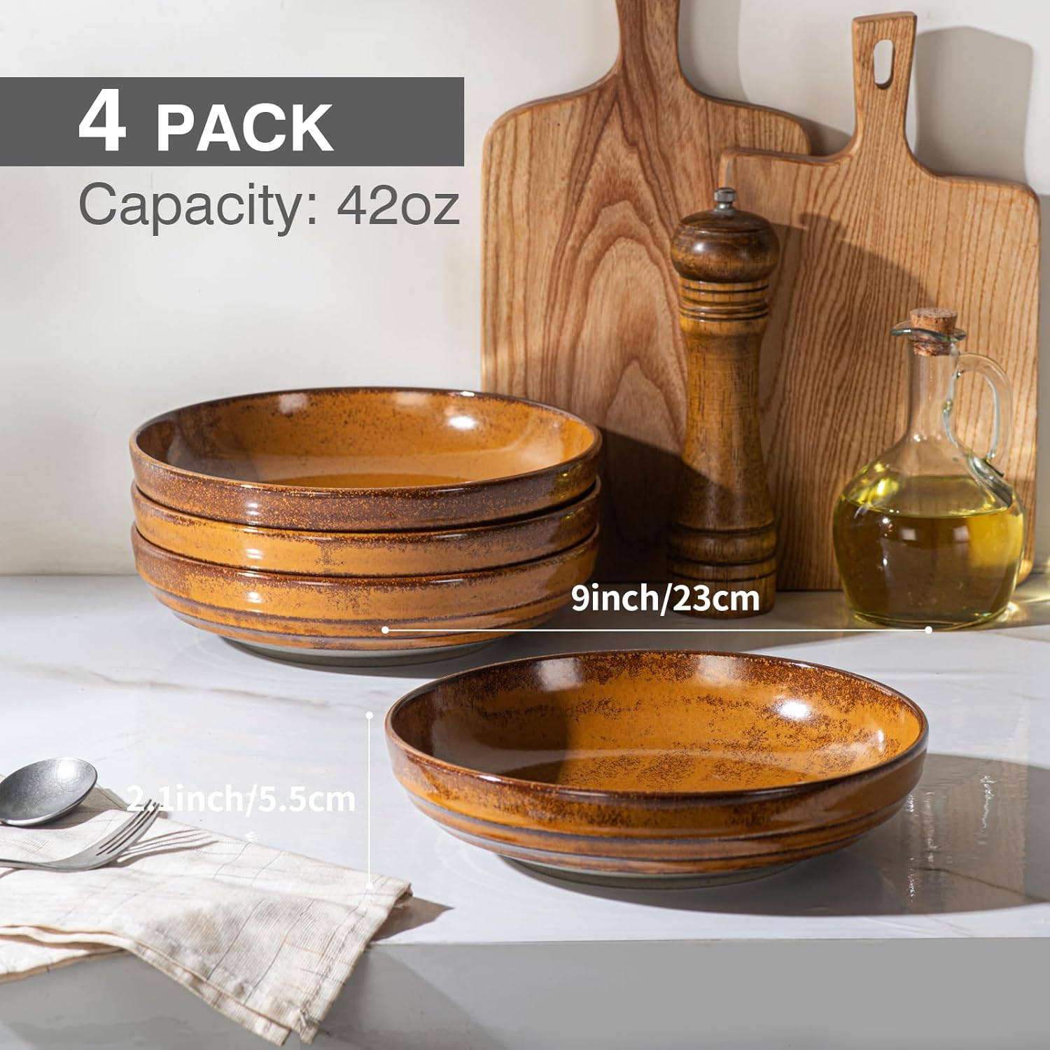 HAPPY KIT 9'' Pasta Bowls, 42oz Pasta Bowls Set of 4, Large Salad Bowl, Ceramic Serving Bowls,Double Reactive Glaze, Ideal for Housewarming, Festivals, Microwave Safe (Ocher) - Image 4