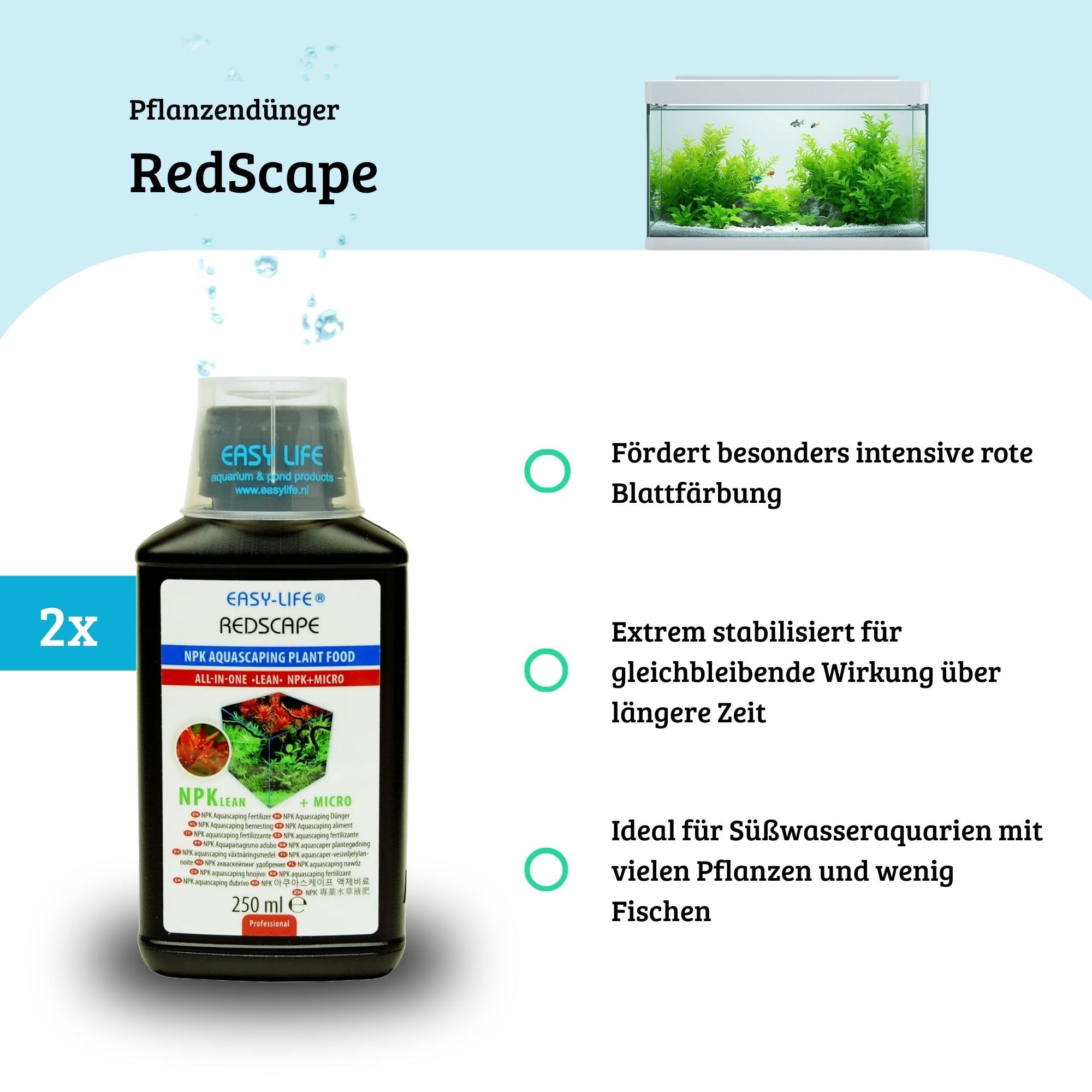 Easy Life RedScape 2er Pack – 2×250 ml NPK Flüssigdünger für Aquarienpflanzen, verstärkt rote Blattfarbe, mit Eisen & Spurenelementen, nitratreduziert & fischsicher