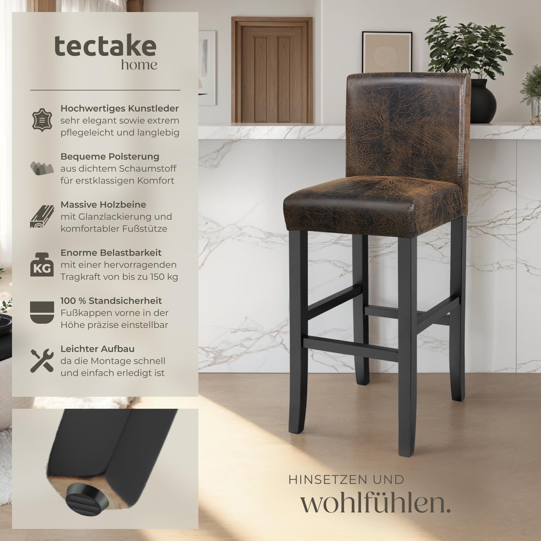 tectake® 2er Set Barhocker, Bistrohocker, Tresenhocker, Barhocker mit Lehne, gepolsterter Barstuhl, Bistrostuhl mit Fußstütze, Holz und Kunstleder, Stuhlbeine aus Massivholz, 107 cm hoch - antikbraun