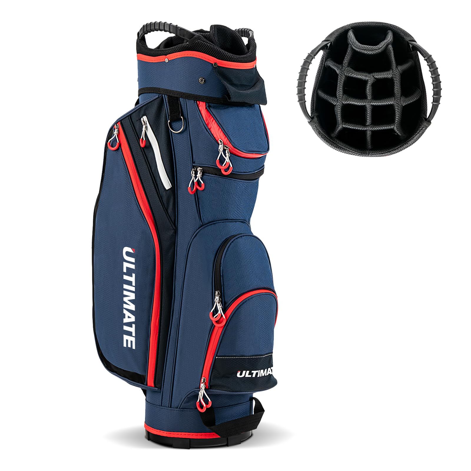 ULTIMATE Golf Cart Bag, 14 Way Top Dividers Golf Carry Bag w/Pockets & Umbrella Holder, Portable Golf Club Bag w/Soft Shoulder Strap & Rain Hood, Lightweight Golf Bag for Women & Men (Navy+Red)
