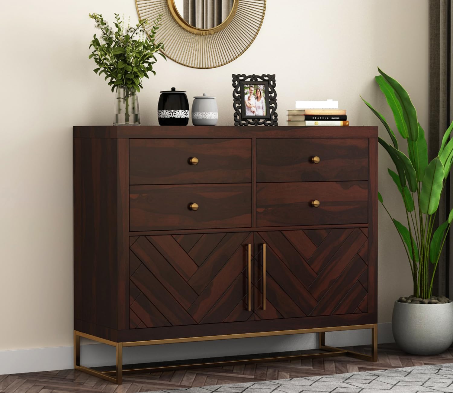 Sheesham Wooden Sideboard Cabinet for Living Room with 4 Drawer & 2 Shelves Storage Drawer Wooden Cabinet Solid Wood Sideboard Cabinet for Bedroom Furniture (Walnut, Steven)-image-42