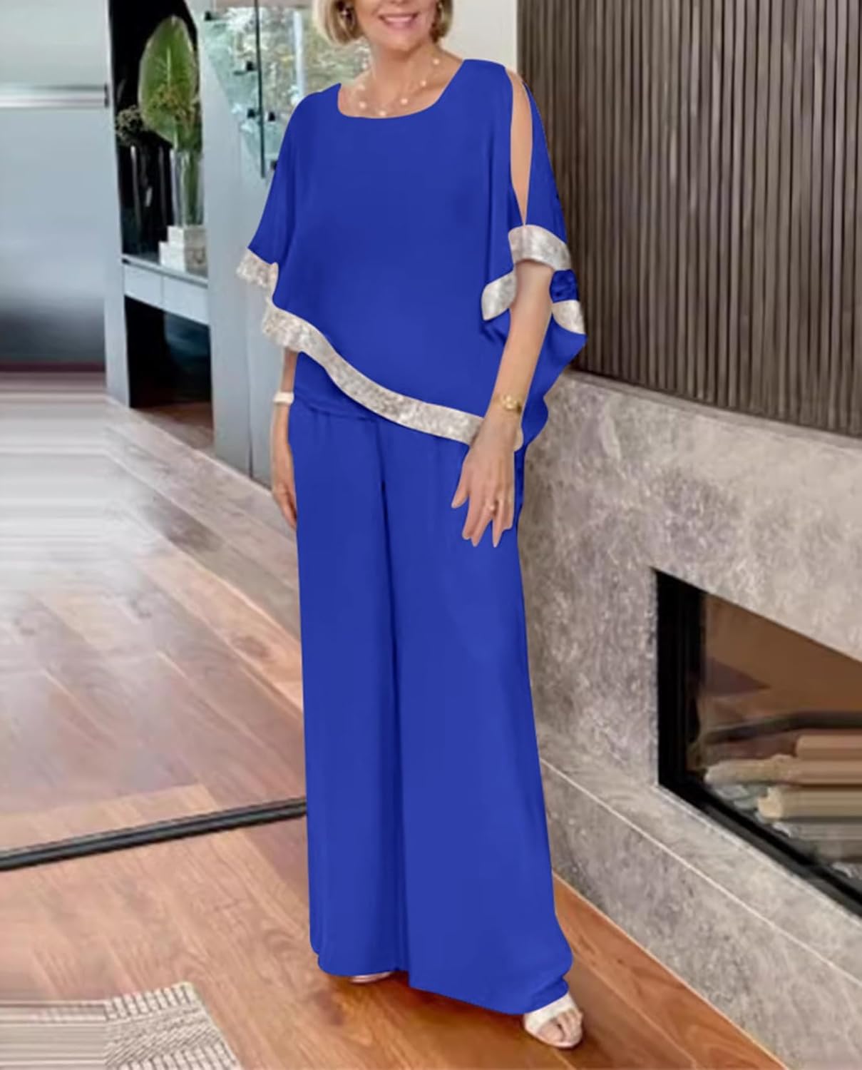 Chiffon 2 Piece Pant Suits for Womens Long Pant Batwing Sleeve Elegant Pantsuit Mother of Bride Sets Outfits