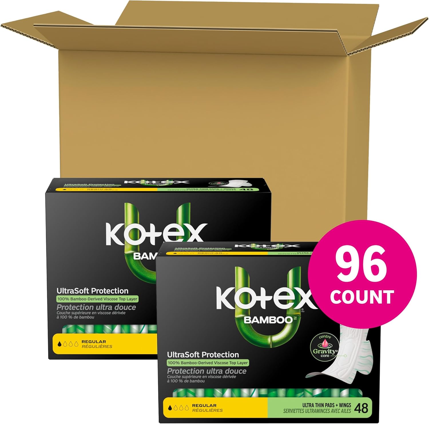 Kotex Bamboo Ultra Thin Pads with Wings, Regular Absorbency, 96 Count (2 Packs of 48)(Packaging May Vary)